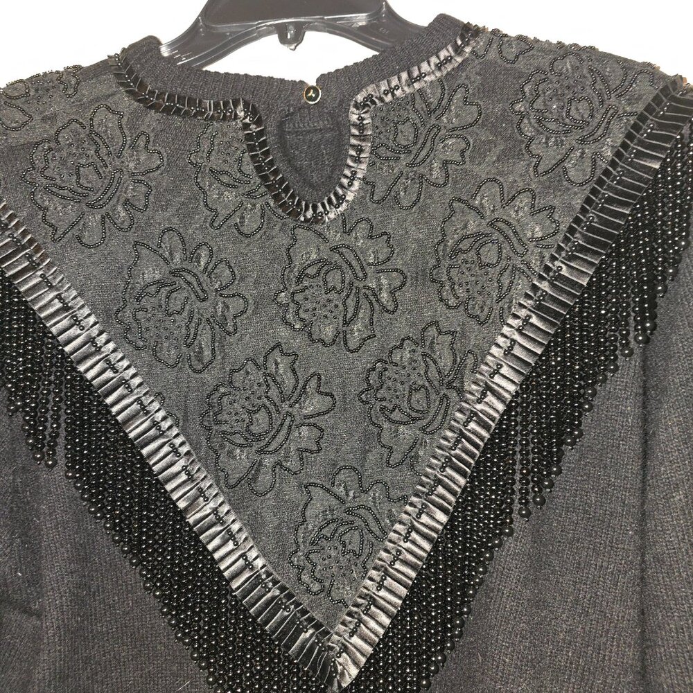 Diane Freis Knits Black Beaded Fringed Embroidered Black Angora & Wool Cutout L - Picture 9 of 17